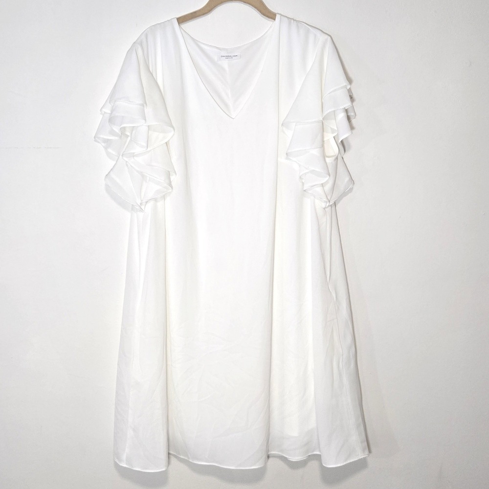 Chic Soul Dress Womens 1XL White Tiered Ruffle Sleeve V-Neck Shift D3648